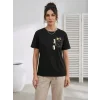 Sevimli Kedi Cep Baskılı Tişört Kısa Kol Yazlık T-Shirt - Siyah