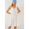 Sıfır Kol Düğmeli Kısa Elbise 2571 - Beyaz
