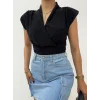 Sıfır Kol Vatkalı Kruvaze Model Sandy Bluz -Siyah
