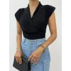 Sıfır Kol Vatkalı Kruvaze Model Sandy Bluz -Siyah
