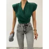 Sıfır Kol Vatkalı Kruvaze Model Sandy Bluz -Zümrüt