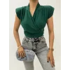 Sıfır Kol Vatkalı Kruvaze Model Sandy Bluz -Zümrüt