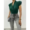 Sıfır Kol Vatkalı Kruvaze Model Sandy Bluz -Zümrüt