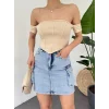 Sırt Fermuarlı Omuz Detaylı Korse Crop  -Bej