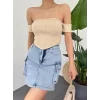 Sırt Fermuarlı Omuz Detaylı Korse Crop  -Bej