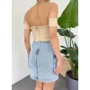 Sırt Fermuarlı Omuz Detaylı Korse Crop  -Bej
