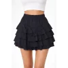 Siyah Katlı Mini Fırfıtlı Etek Lastikli Yüksel Bel, Volanlı Tasarım, Rahat Kalıp, Günlük Ve Şık Kombinelere Uygun Yazlık Etek - Siyah