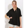 Siyah Oversize Polo Yaka Örme Bluz 0486