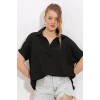 Siyah Oversize Polo Yaka Örme Bluz 0486