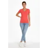 T-Shirt V Yaka Slim Fit Likralı Tişört Günlük Basic Body - Nar Çiçeği