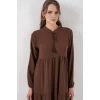 T1627 Yaka Bağcıklı Elbise - E. Kahve