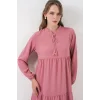 T1627 Yaka Bağcıklı Elbise - Gül Kurusu