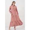 T1627 Yaka Bağcıklı Elbise - Pudra
