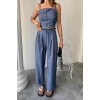 TENCEL CROP ASKILI BLUZ - ŞALVAR PANTOLON TK - İndigo