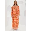 Turuncu Ekru Desenli Uzun Viskon Elbise 1947