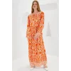 Turuncu Ekru Desenli Uzun Viskon Elbise 1947