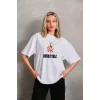 Unisex Bisiklet Yaka Baskılı Oversize T-Shirt - Beyaz