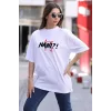 Unisex Bisiklet Yaka Baskılı Oversize T-Shirt - Beyaz