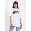 Unisex Bisiklet Yaka Baskılı Oversize T-Shirt - Beyaz