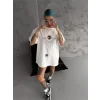 Unisex Bisiklet Yaka Baskılı Oversize T-Shirt - Beyaz