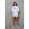 Unisex Bisiklet Yaka Baskılı Oversize T-Shirt - Beyaz