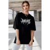 Unisex Bisiklet Yaka Baskılı Oversize T-Shirt - Siyah