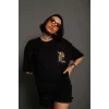 Unisex Bisiklet Yaka Baskılı Oversize T-Shirt - Siyah