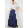 Uzun Kırışık Parlak Etek 8034 - D.Lacivert