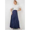 Uzun Kırışık Parlak Etek 8034 - D.Lacivert