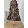 Uzun Kollu Bisiklet Yaka Leopar Desenli Midi Süprem Elbise