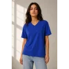 V Yaka Basic Tişört Kısa Kol Yazlık Regular Fit T-Shirt - Saks Mavisi