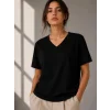 V Yaka Basic Tişört Kısa Kol Yazlık Regular Fit T-Shirt - Siyah