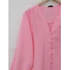 V Yaka Düğmeli Arkası Uzun Gömlek -Pembe