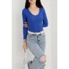 V yaka kaşkorse bluz saks mavisi a3699