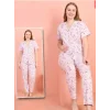V Yaka Kısa Kollu Çiçek Desenli Pijama Takımı -Lila