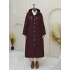 Yakası Zincir Detaylı Uzun Kapitone Kaban    -Bordo
