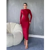 Yanı Büzgülü Uzun Skuba Elbise -Bordo