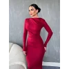 Yanı Büzgülü Uzun Skuba Elbise -Bordo