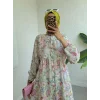 Yarım Düğmeli Kolu Lastikli Çiçek Baskılı Elbise -G.Kurusu