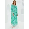 Yeşil Ekru Desenli Uzun Viskon Elbise 1947