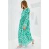 Yeşil Ekru Desenli Uzun Viskon Elbise 1947
