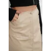 Yırtmaçlı uzun deri etek bej