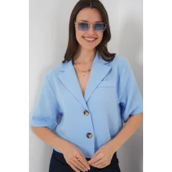 0706 Crop Keten Ceket - Mavi