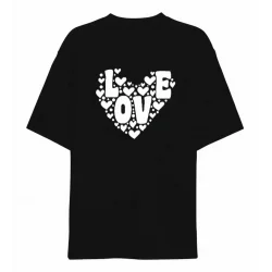 14 Şubat Sevgililer Günü Love Kalp Baskılı Oversize Bisiklet Yaka T-shirt - Siyah