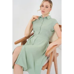 1677 Boydan Düğmeli Kuşaklı Elbise - E.Yeşil