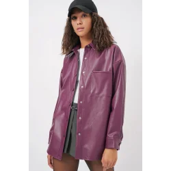 20134 Oversize Suni Deri Gömlek - Mürdüm