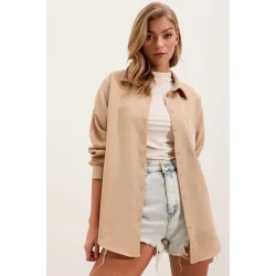 20153 Tek Cepli Oversize Keten Gömlek - A.Bej