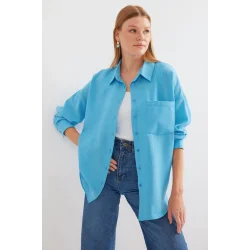 20153 Tek Cepli Oversize Keten Gömlek - Açık Mavi
