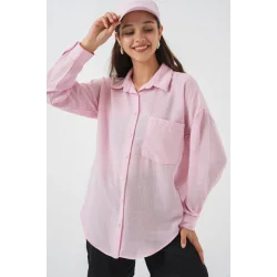 20153 Tek Cepli Oversize Keten Gömlek - A.Pudra