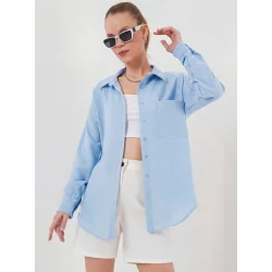 20153 Tek Cepli Oversize Keten Gömlek - Buz Mavi